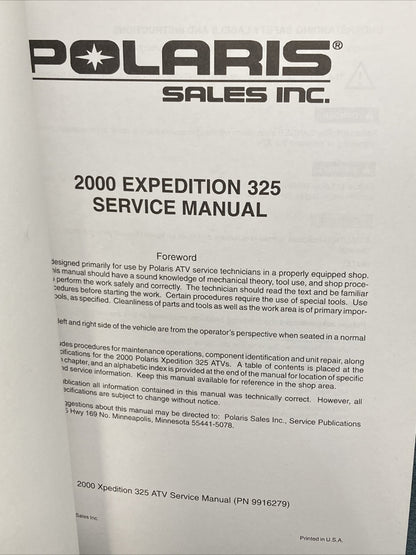 NEW GENUINE POLARIS 9916279 XPEDITION 325 SERVICE MANUAL 2000