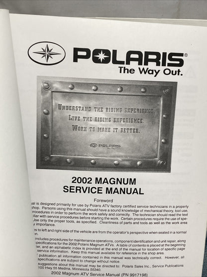 NEW GENUINE POLARIS 9917198 MAGNUM 325/500 SERVICE MANUAL 2002