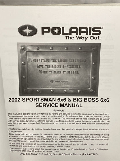 NEW GENUINE POLARIS 9917207 SPORTSMAN/BIG BOSS SERVICE MANUAL 2002