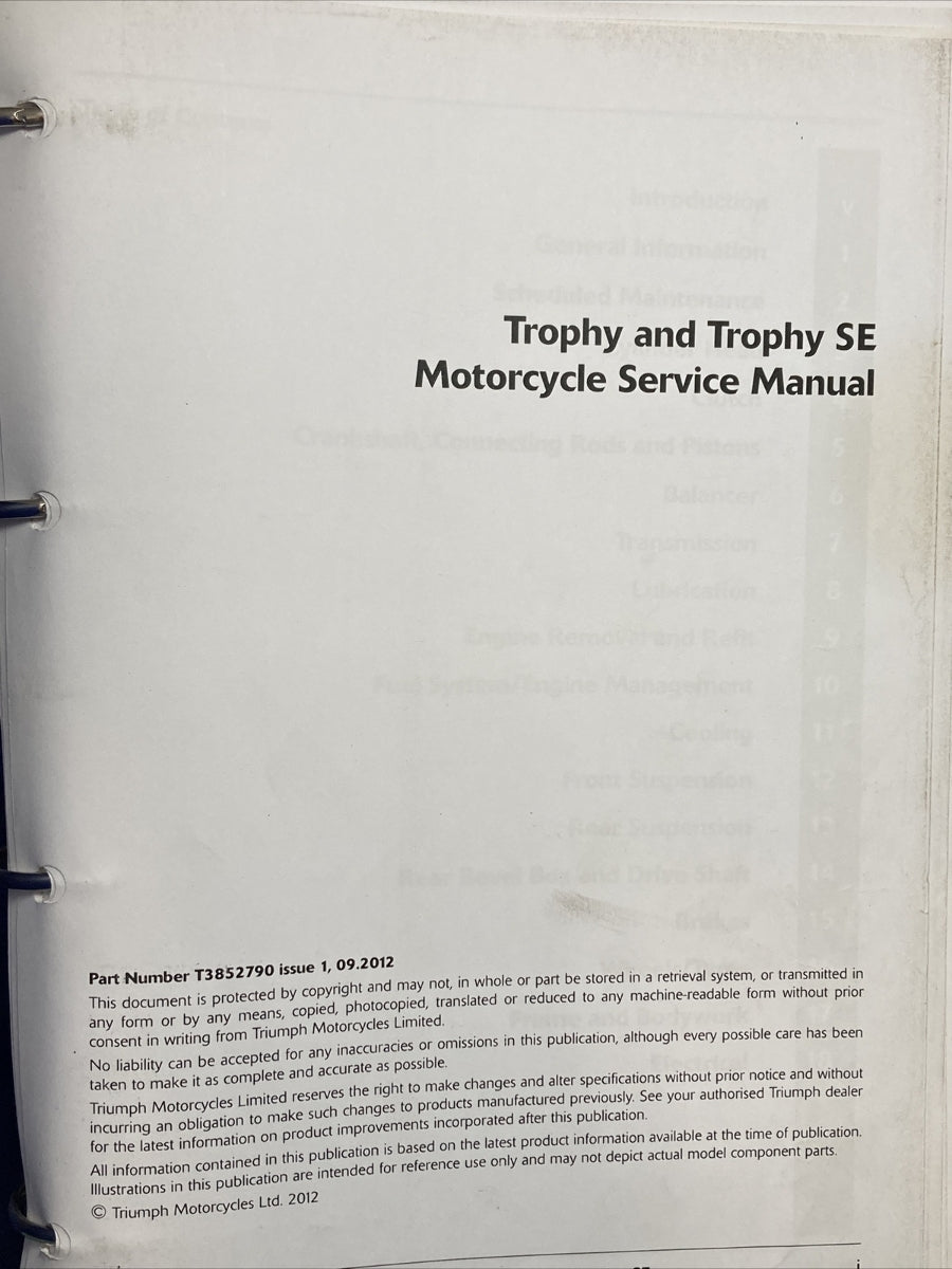 NEW TRIUMPH T3852790 TROPHY/SE SERVICE MANUAL ISSUE 1, 09.2012