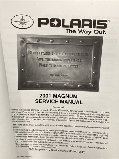 NEW GENUINE POLARIS 9916583 MAGNUM 500/325/HDS SERVICE MANUAL 2001