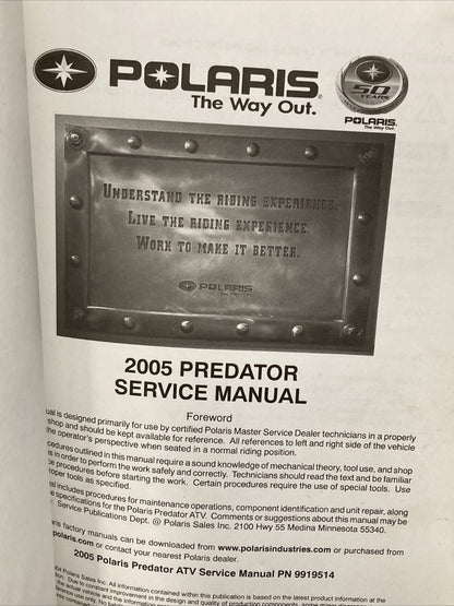 NEW GENUINE POLARIS 9919514 PREDATOR 500 SERVICE MANUAL 2005