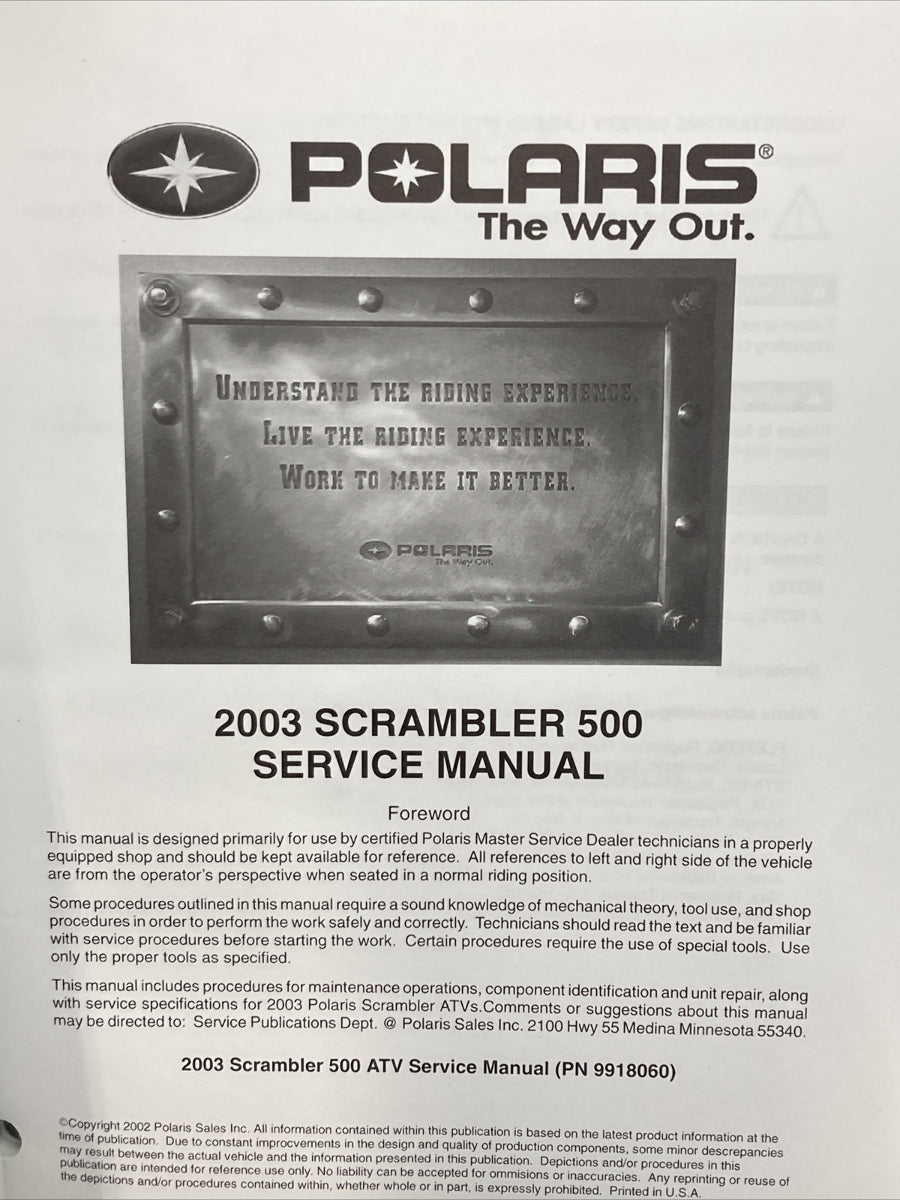 NEW GENUINE POLARIS 9918060 SCRAMBLER 500 SERVICE MANUAL 2003