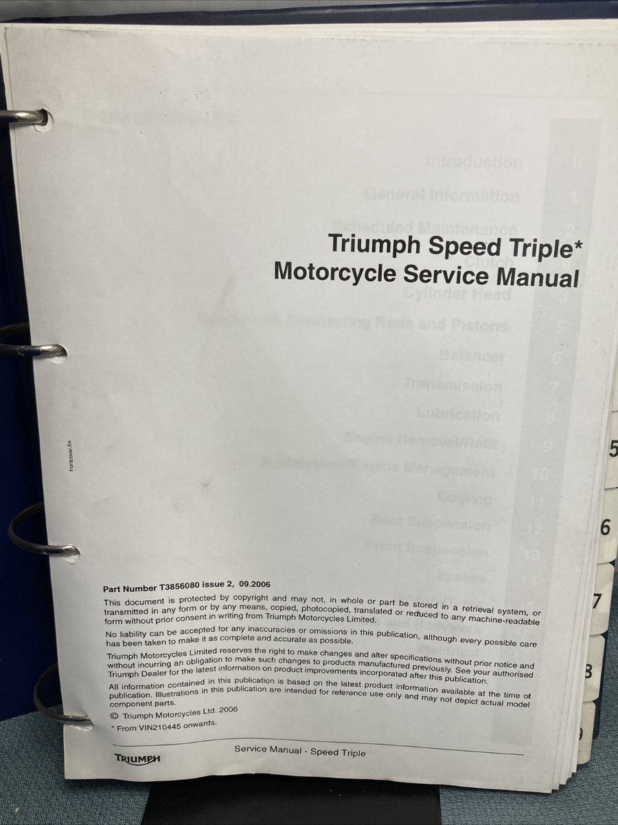 NEW TRIUMPH T3856080 SPEED TRIPLE 1050CC SERVICE MANUAL ISSUE 2, 09.2006