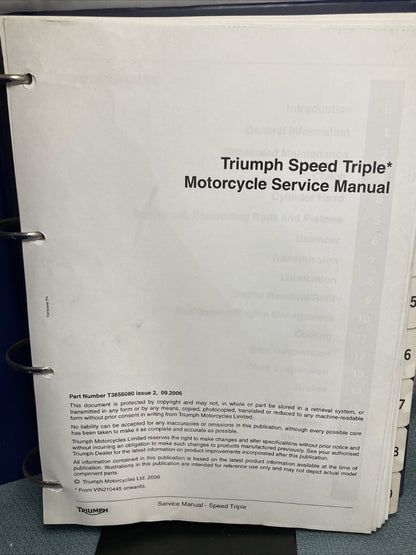 NEW TRIUMPH T3856080 SPEED TRIPLE 1050CC SERVICE MANUAL ISSUE 2, 09.2006