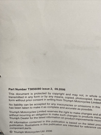 NEW TRIUMPH T3856080 SPEED TRIPLE 1050CC SERVICE MANUAL ISSUE 2, 09.2006