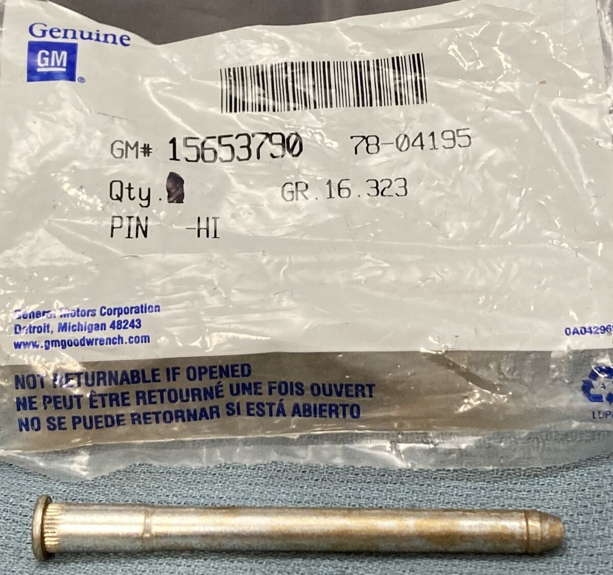 NEW GENUINE GM 15653790 PIN, FRONT SIDE DOOR HINGE GR 16.323