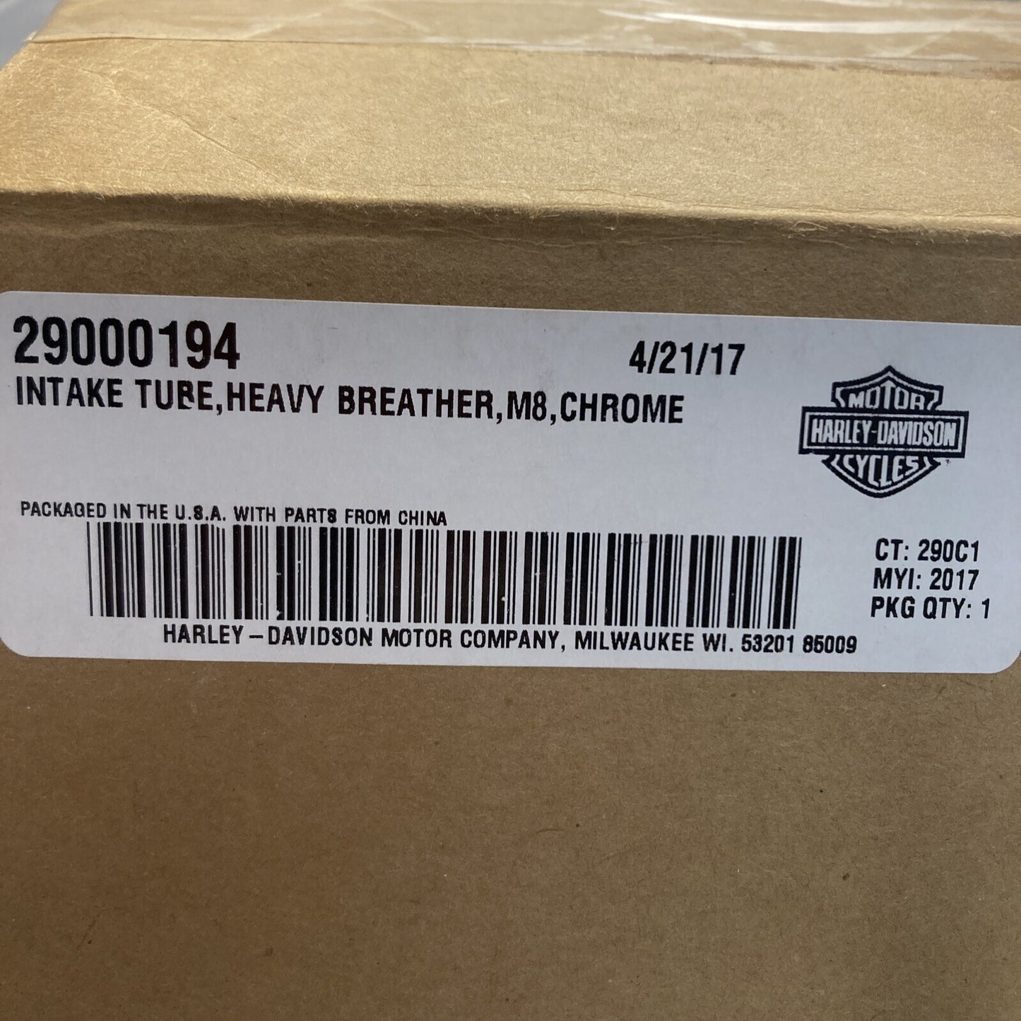 NEW GENUINE HARLEY DAVIDSON 29000194 INTAKE TUBE, HEAVY BREATHER M8 CHROME