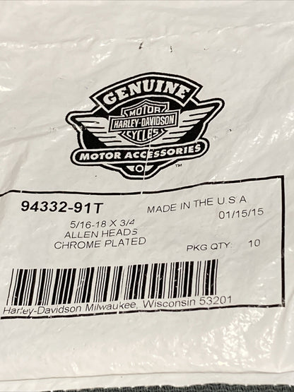 QTY 10 NEW HARLEY DAVIDSON 94332-91T ALLEN HEAD SCREWS, CHROME 5/16-18 X 3/4