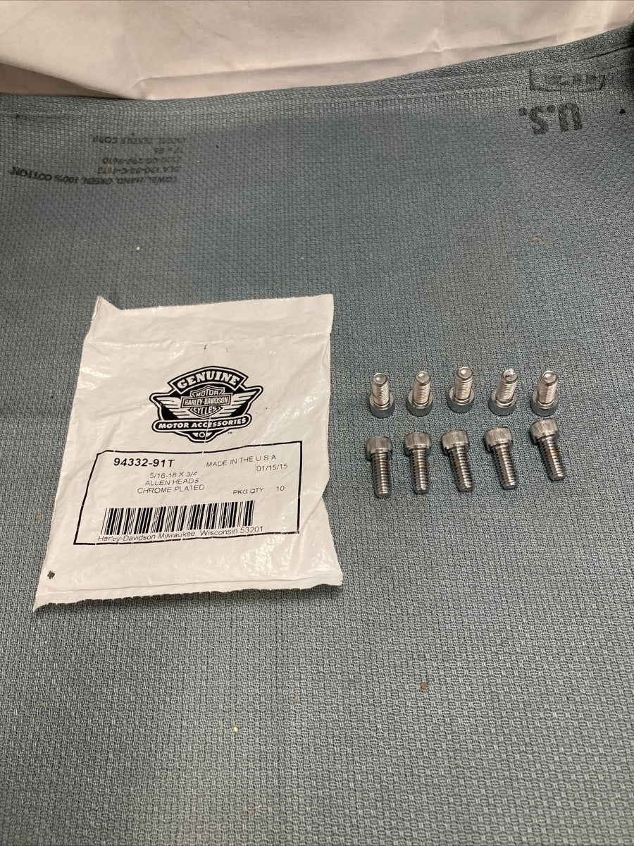 QTY 10 NEW HARLEY DAVIDSON 94332-91T ALLEN HEAD SCREWS, CHROME 5/16-18 X 3/4