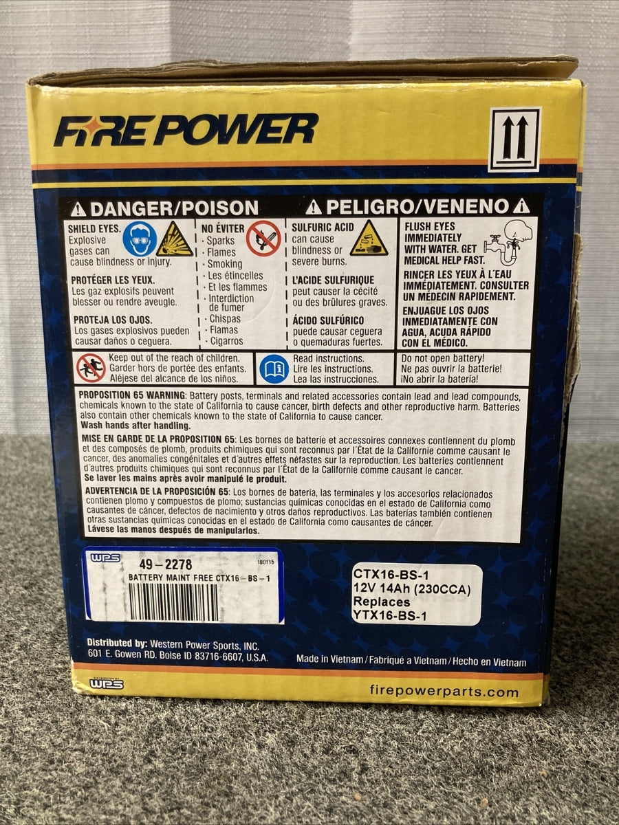 NEW FIRE POWER CTX16-BS-1 POWER SPORTS BATTERY 6"x3 7⁄16"x6 3⁄8" 12V 230CCA