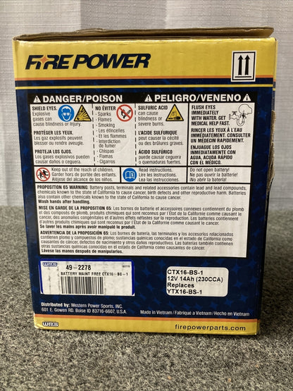 NEW FIRE POWER CTX16-BS-1 POWER SPORTS BATTERY 6"x3 7⁄16"x6 3⁄8" 12V 230CCA