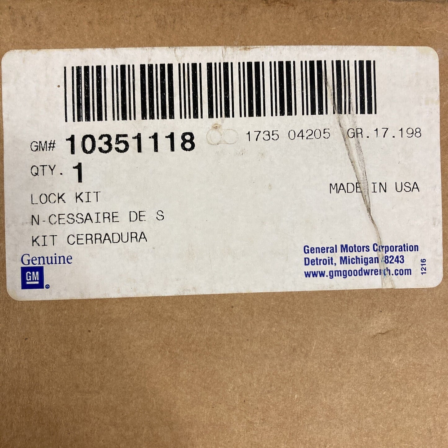 NEW GENUINE GM 10351118 LOCK KIT, LIFT GATE GR 17.198
