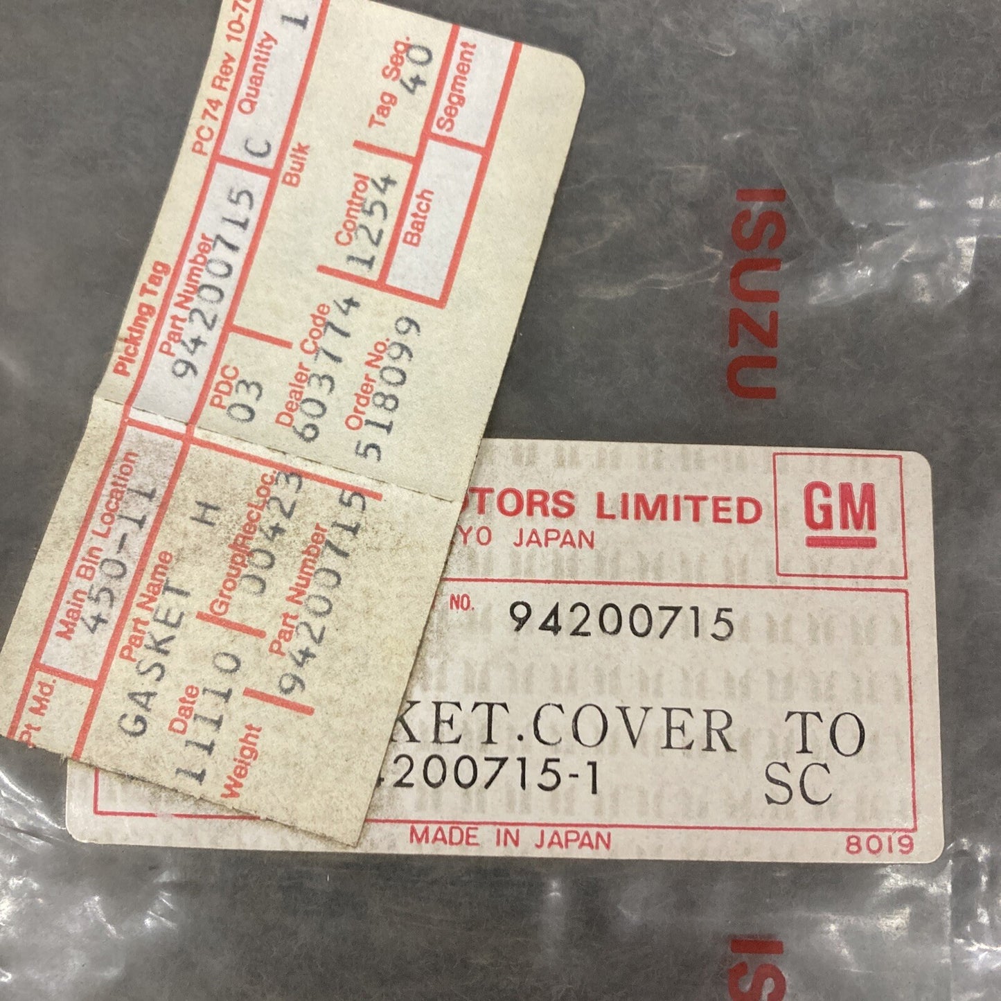 NEW GENUINE ISUZU/GM 94200715 GASKET, ENGINE VALVE COVER  GR 0.423