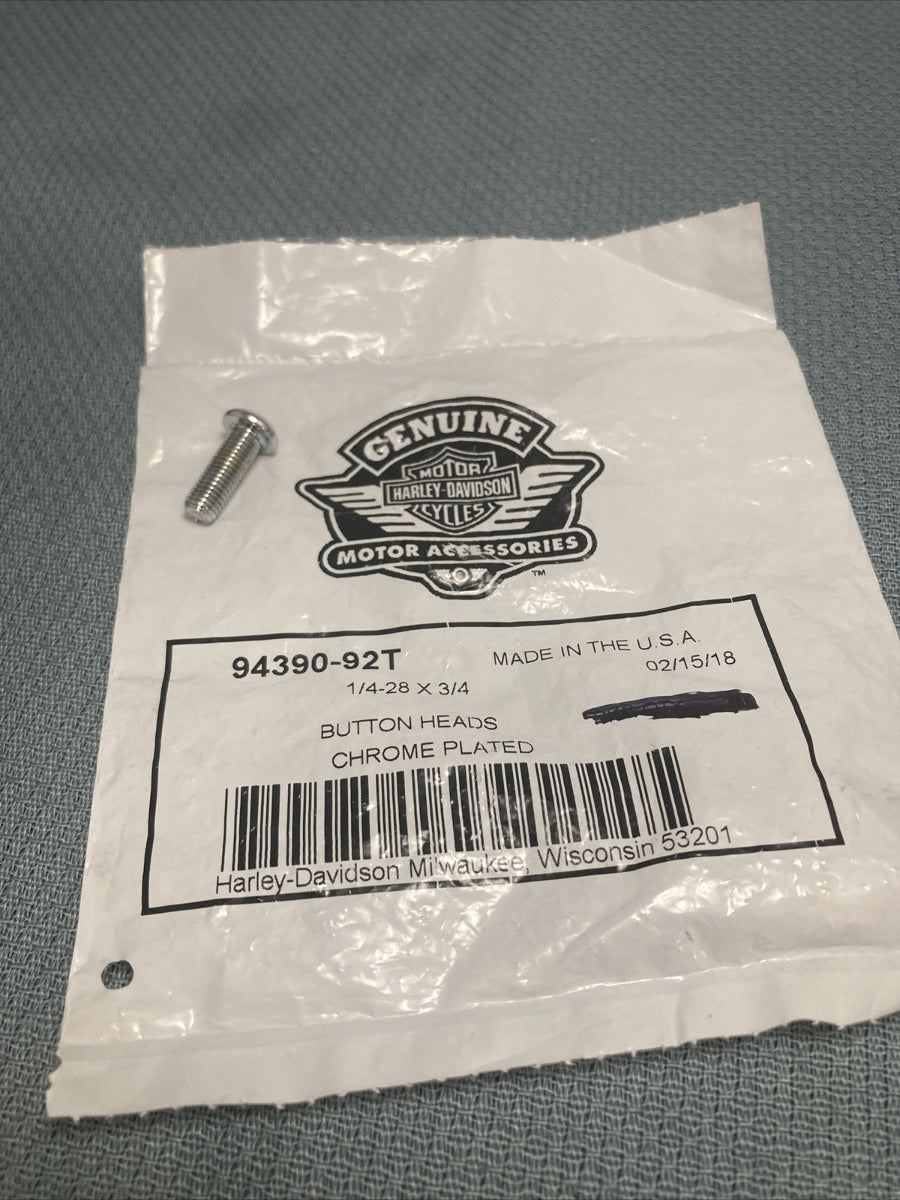NEW GENUINE HARLEY DAVIDSON 94390-92T BUTTON HEADS CHRM PLTD 1/4-28 X 3/4