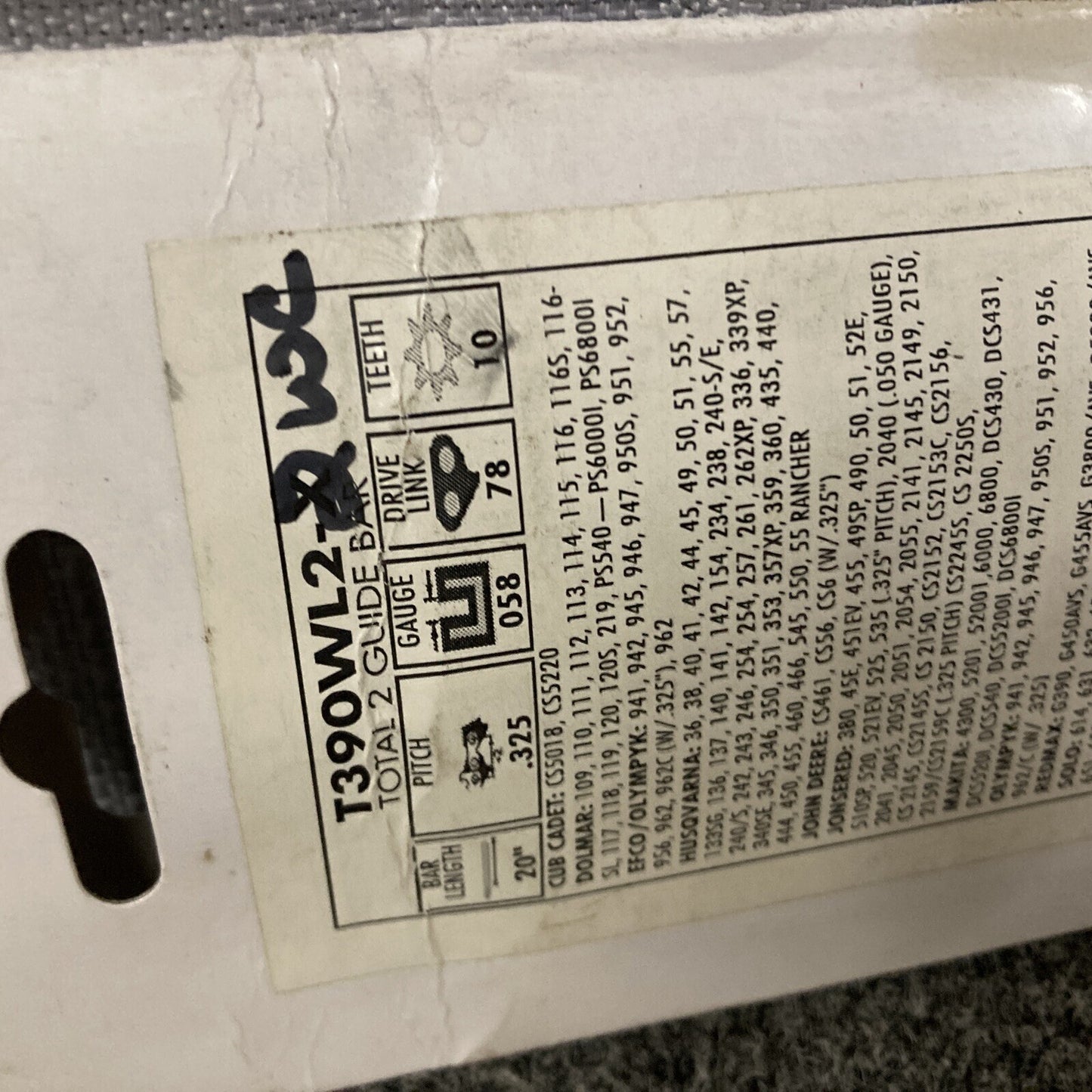 NEW TOTAL2 T390WL2-X 20" GUIDE BAR .325"-.058-78DL