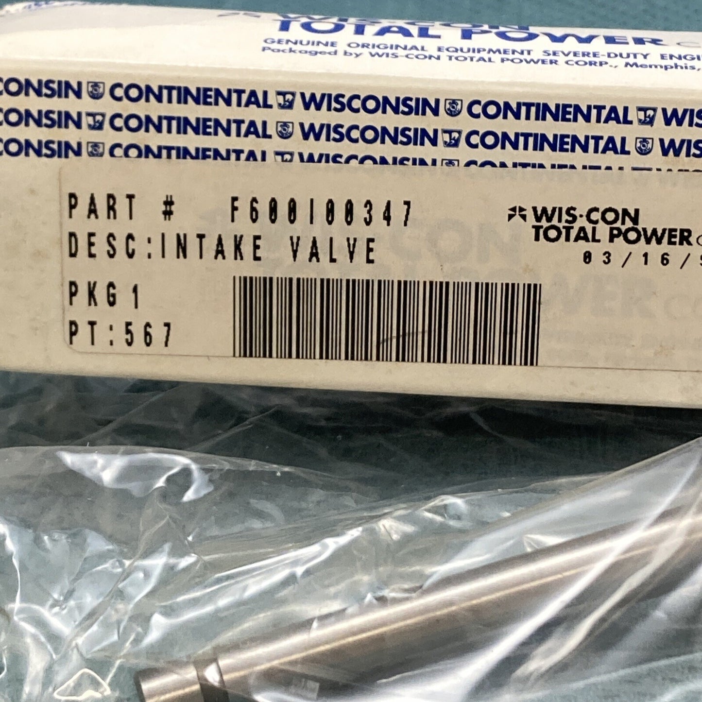 NEW GENUINE WIS-CON TOTAL POWER F600100347 INTAKE VALVE