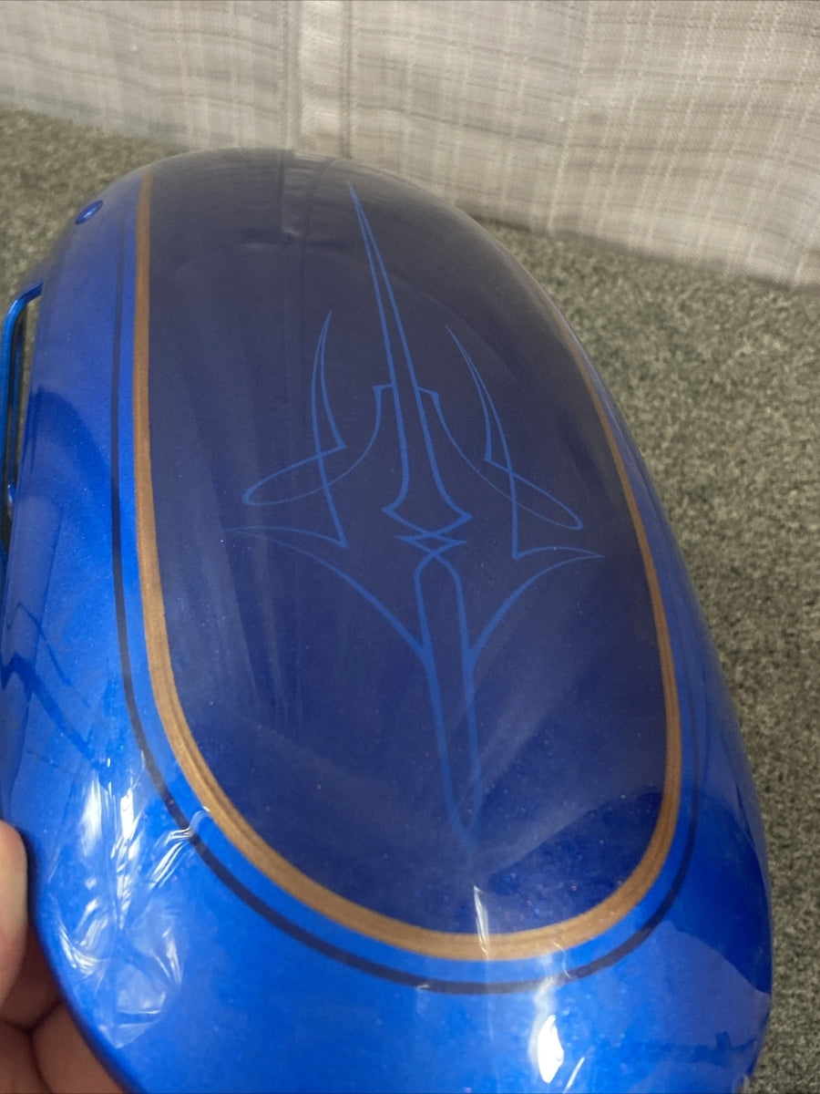 HARLEY DAVIDSON FRONT FENDER, BLUE WITH PIN STRIPE AND SWORD DESIGN
