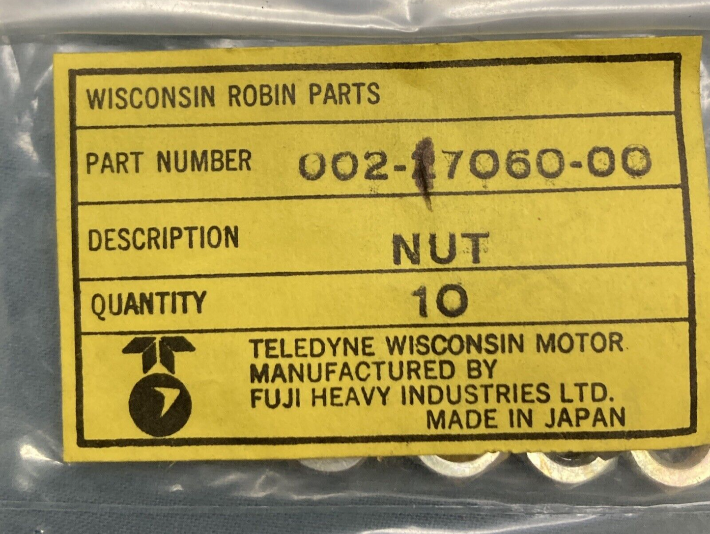 QTY 10 NEW GENUINE WISCONSIN SUBARU ROBIN 002-17060-00 NUT