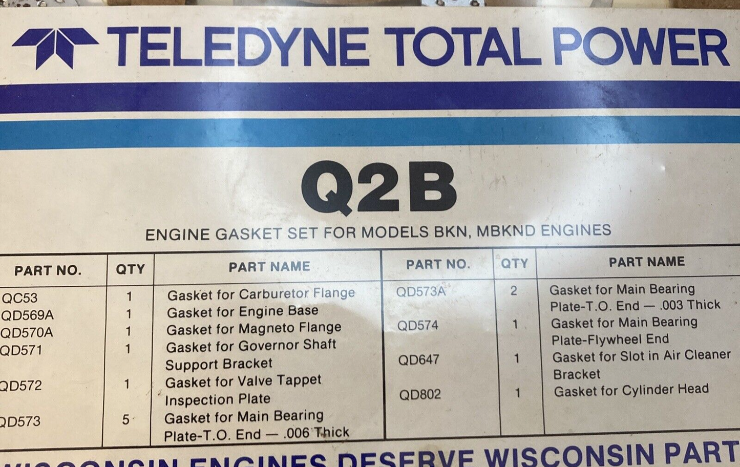 NEW GENUINE TELEDYNE TOTAL POWER Q2B GASKET SET