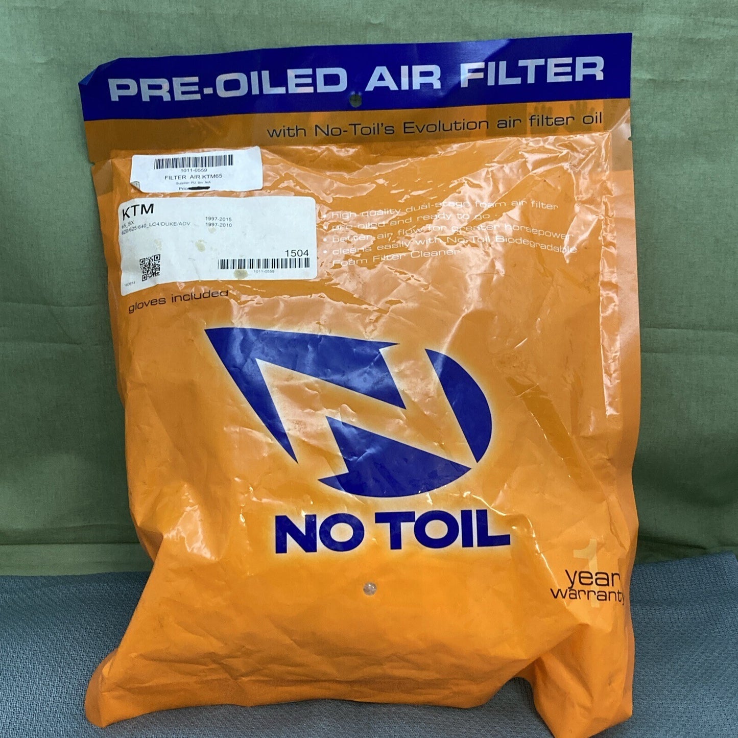 NEW NO TOIL 1011-0559 PRE-OILED AIR FILTER