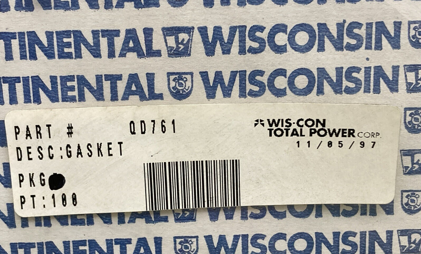 NEW GENUINE WISCONSIN CONTINENTAL QD761 GASKET BRG PL