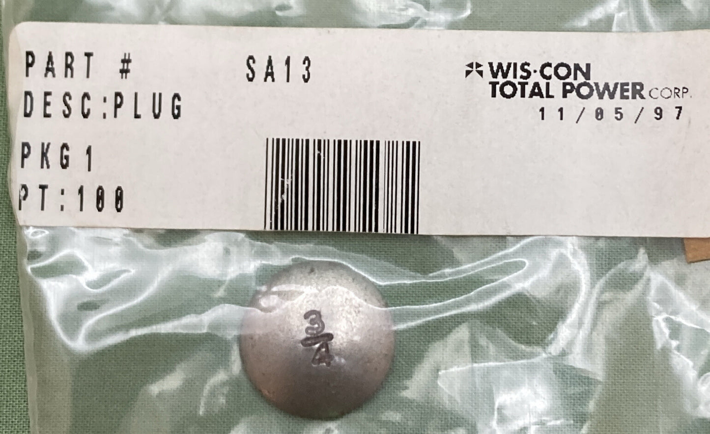 NEW GENUINE WIS-CON TOTAL POWER SA13 PLUG-EXP-CONCAVE 3/4