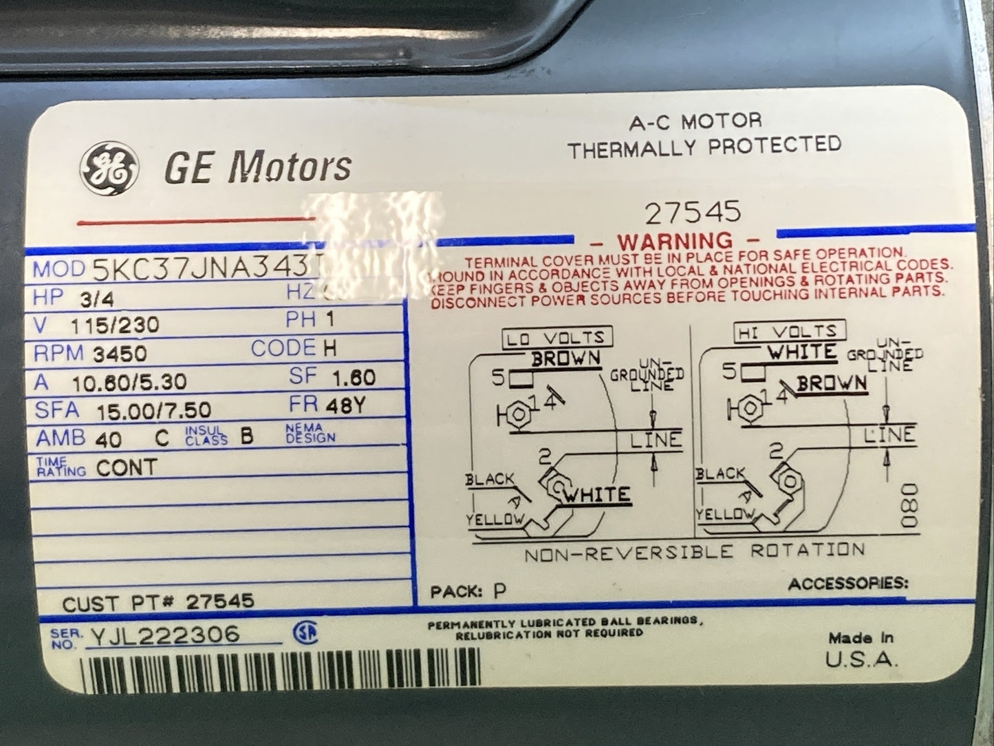 NEW GENUINE GE MOTORS 27545 A-C MOTOR THERMALLY PROTECTED,  MODEL# 5KC37JNA343T