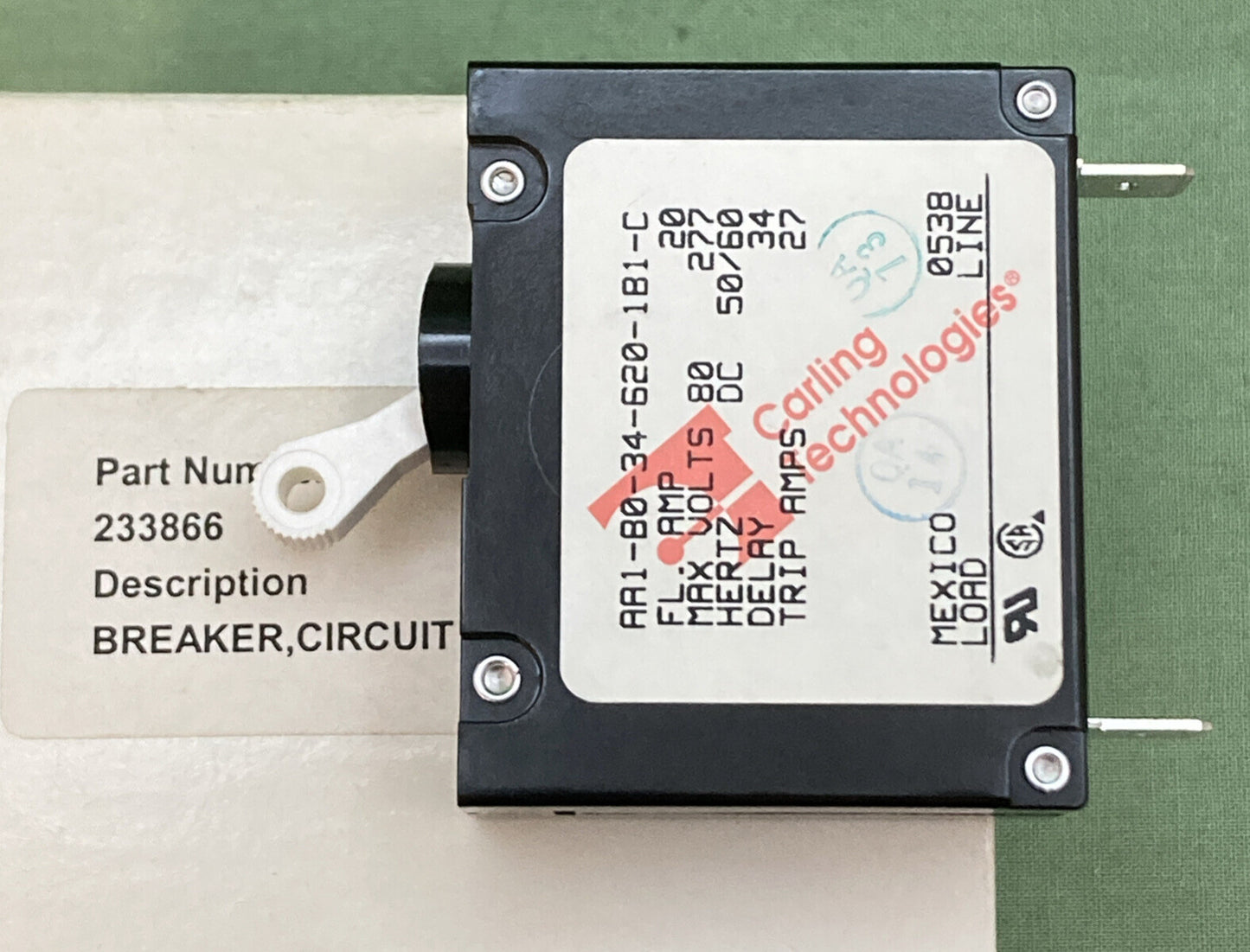 NEW GENUINE KOHLER 233866 CIRCUIT BREAKER, 20A, 1 POLE