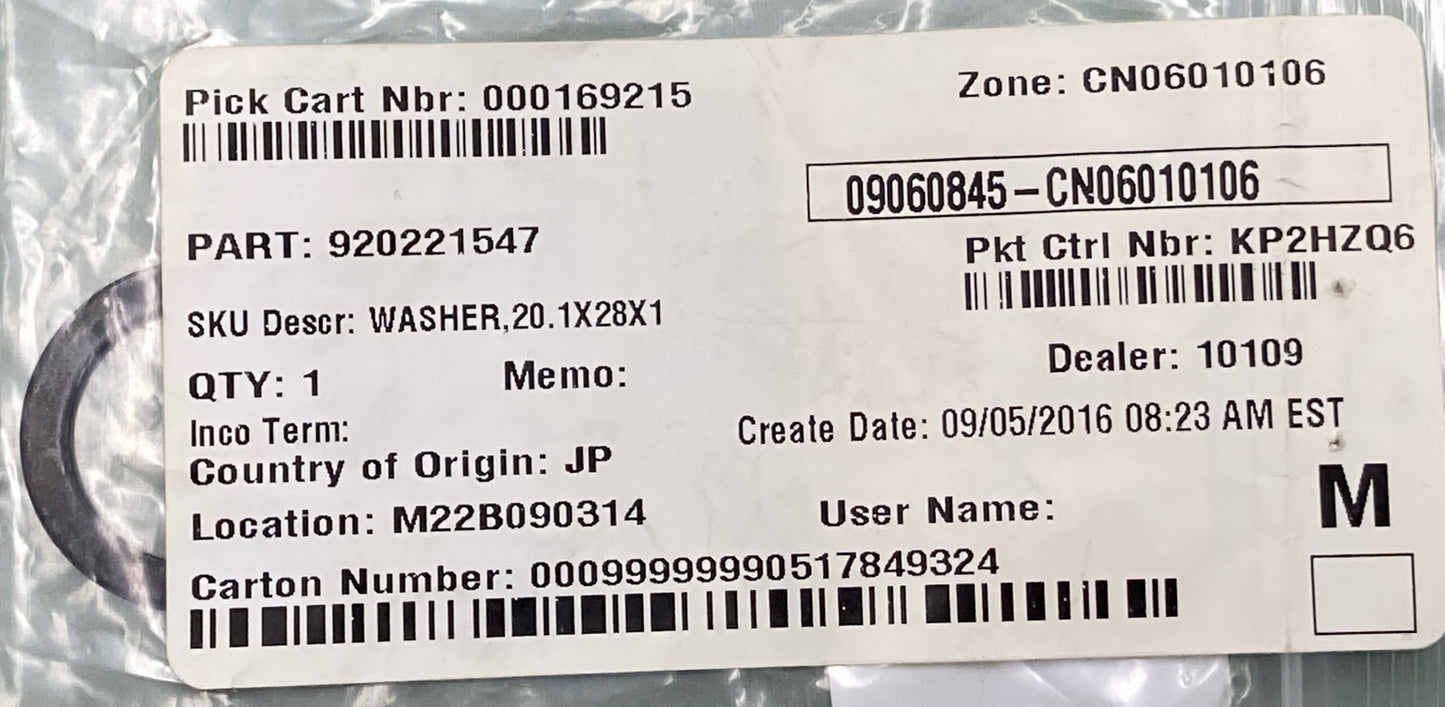 NEW REPLACES KAWASAKI 920221547 Washer, 20.1X28X1