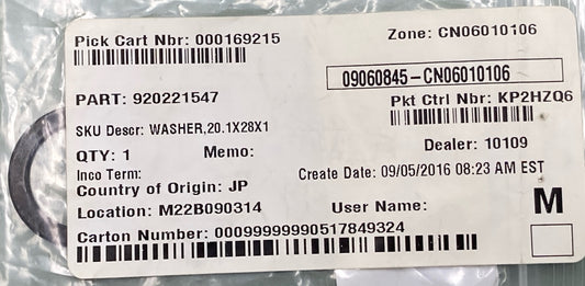 NEW REPLACES KAWASAKI 920221547 Washer, 20.1X28X1