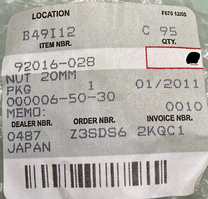 NEW REPLACES KAWASAKI 92016-028 Nut, 20MM