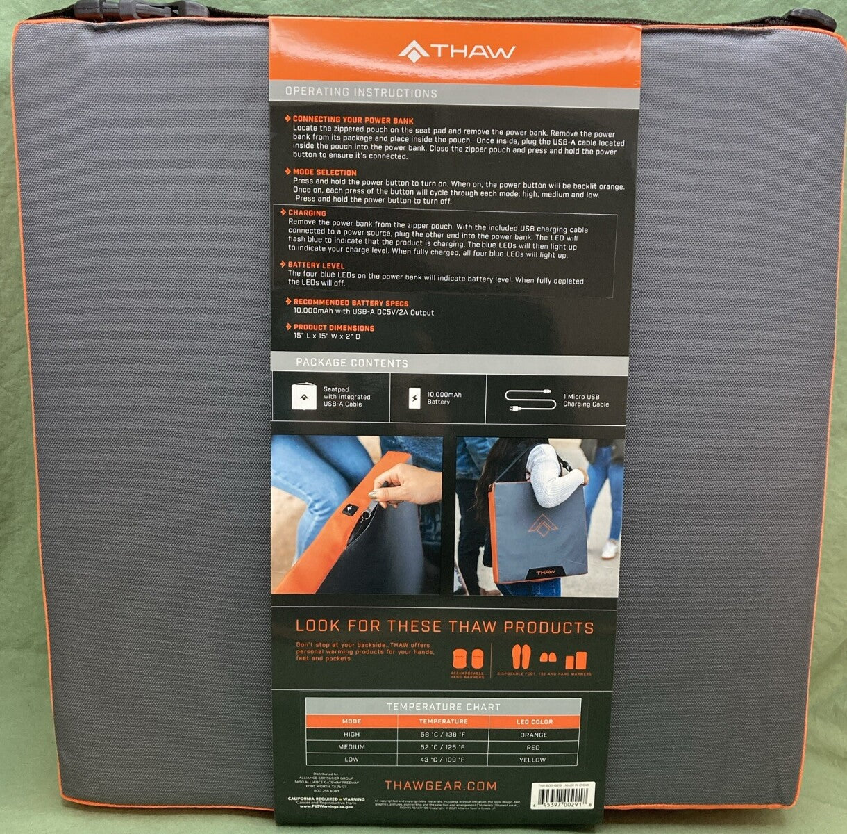 NEW THAW THA-BOD-0015 HEATED SEATPAD W/ RECHARGEABLE BATTERY
