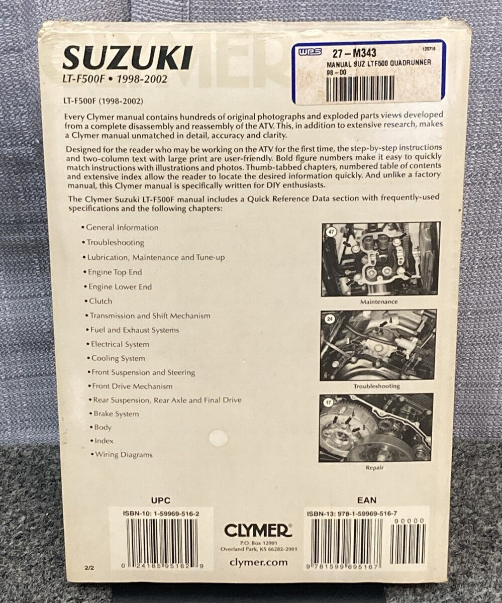 NEW GENUINE CLYMER M343-2 SUZUKI LT-F500F MANUAL 98-02