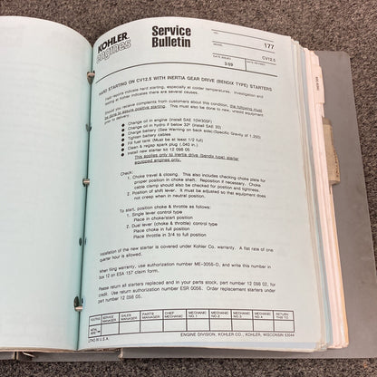 GENUINE KOHLER ENGINES PARTS 102-254/SERVICE 67-293 BULLETINS & ADD. INFO