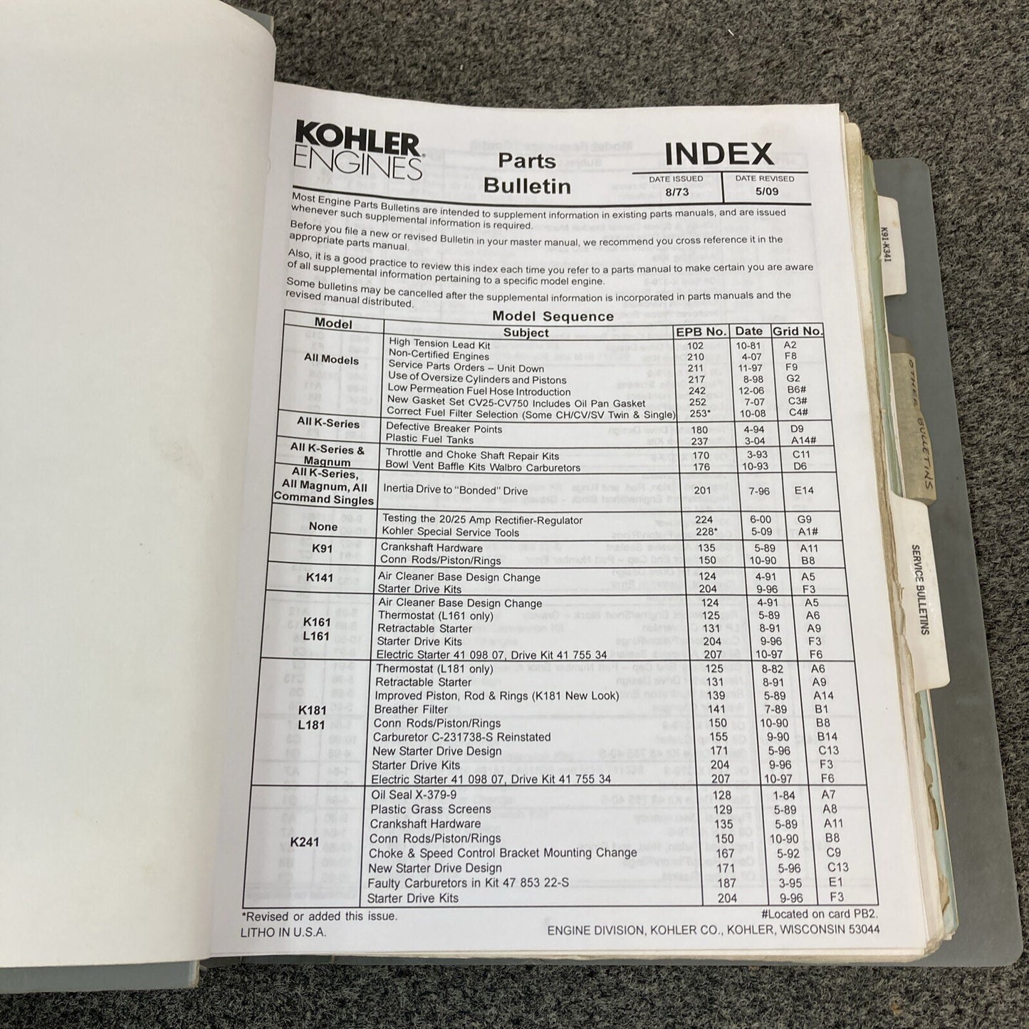 GENUINE KOHLER ENGINES PARTS 102-254/SERVICE 67-293 BULLETINS & ADD. INFO