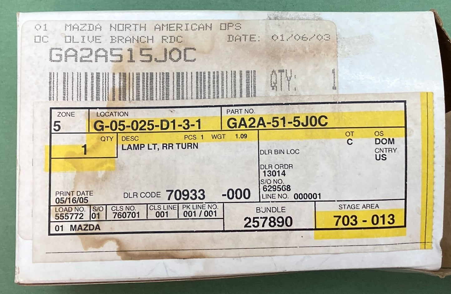 NEW GENUINE MAZDA GA2A-51-5J0C LAMP LT, RR TURN SIDE '93-'97 MAZDA 626 & MX-6