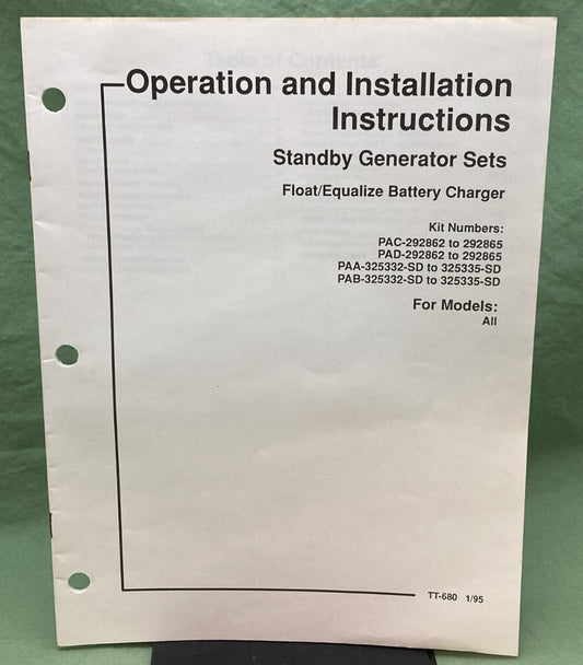 KOHLER STANDBY GENERATOR SETS TT-680 OPERATION & INSTALLATION MANUAL