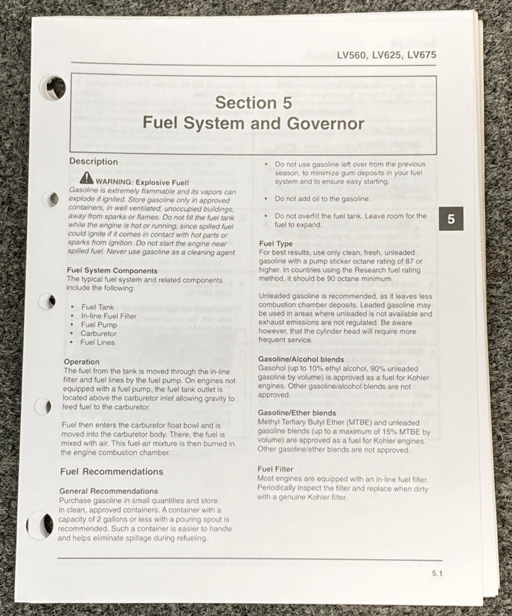 GENUINE KOHLER ENGINES TP-2509 LOOSE-LEAF AEGIS SERVICE MANUAL