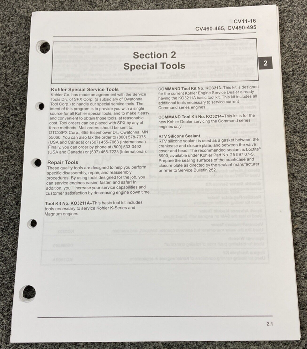 GENUINE KOHLER ENGINES TP-2339-D COMMAND LOOSE-LEAF SERVICE MANUAL