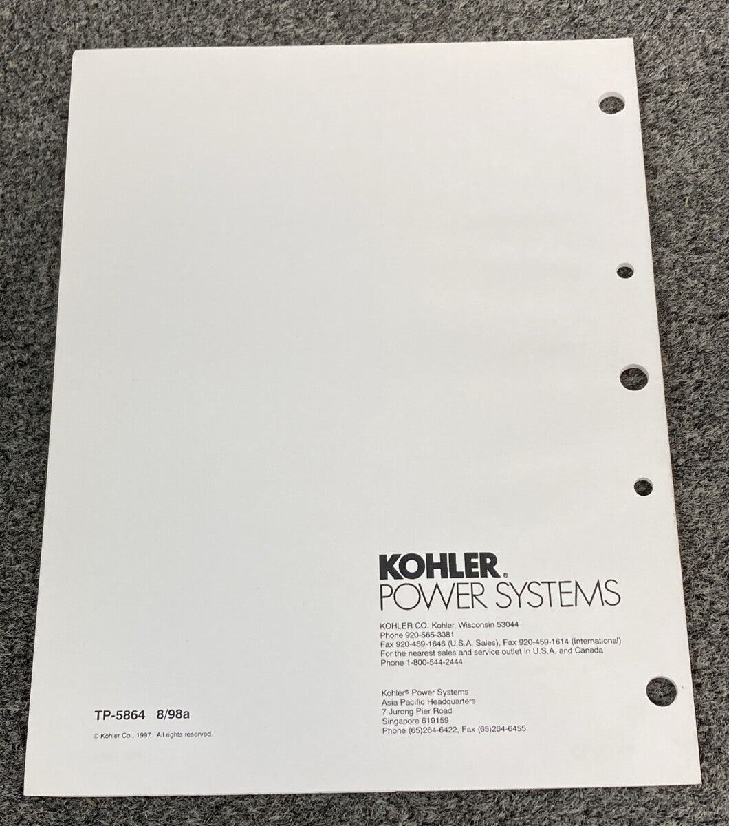 KOHLER POWER SYSTEMS TP-5864 INDUSTRIAL GENERATOR SETS SERVICE MANUAL