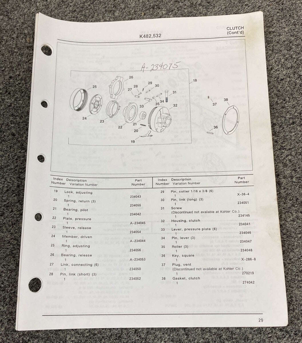KOHLER ENGINES TP-2419 LOOSE-LEAF PARTS MANUAL FOR K482 K532