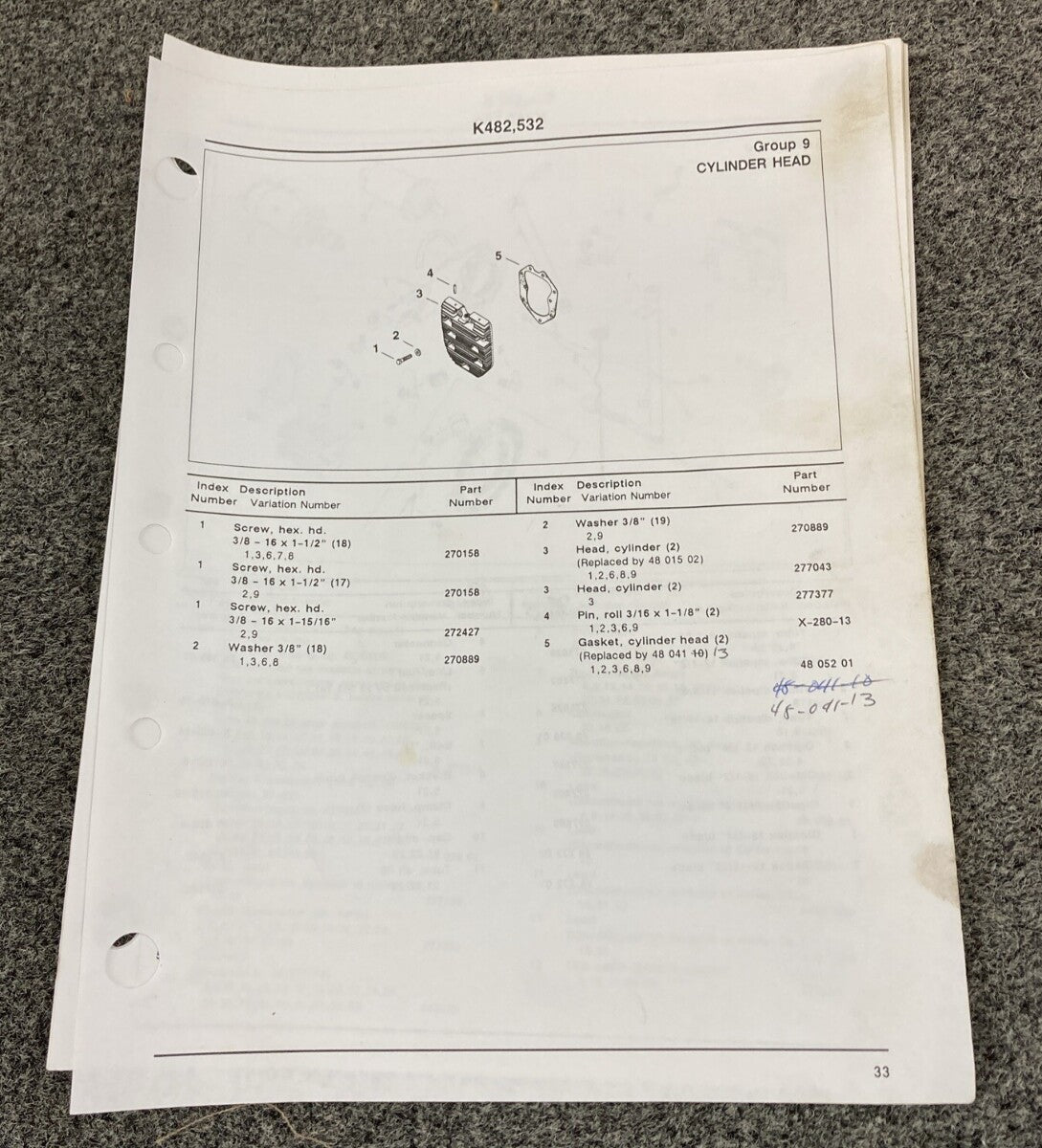 KOHLER ENGINES TP-2419 LOOSE-LEAF PARTS MANUAL FOR K482 K532