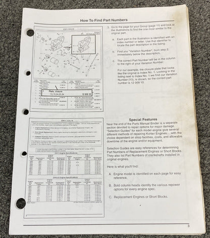 KOHLER ENGINES TP-2401-B LOOSE-LEAF PARTS MANUAL COMMAND 11, 12.5, 14 HP