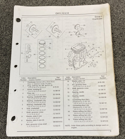 KOHLER ENGINES TP-2401-B LOOSE-LEAF PARTS MANUAL COMMAND 11, 12.5, 14 HP