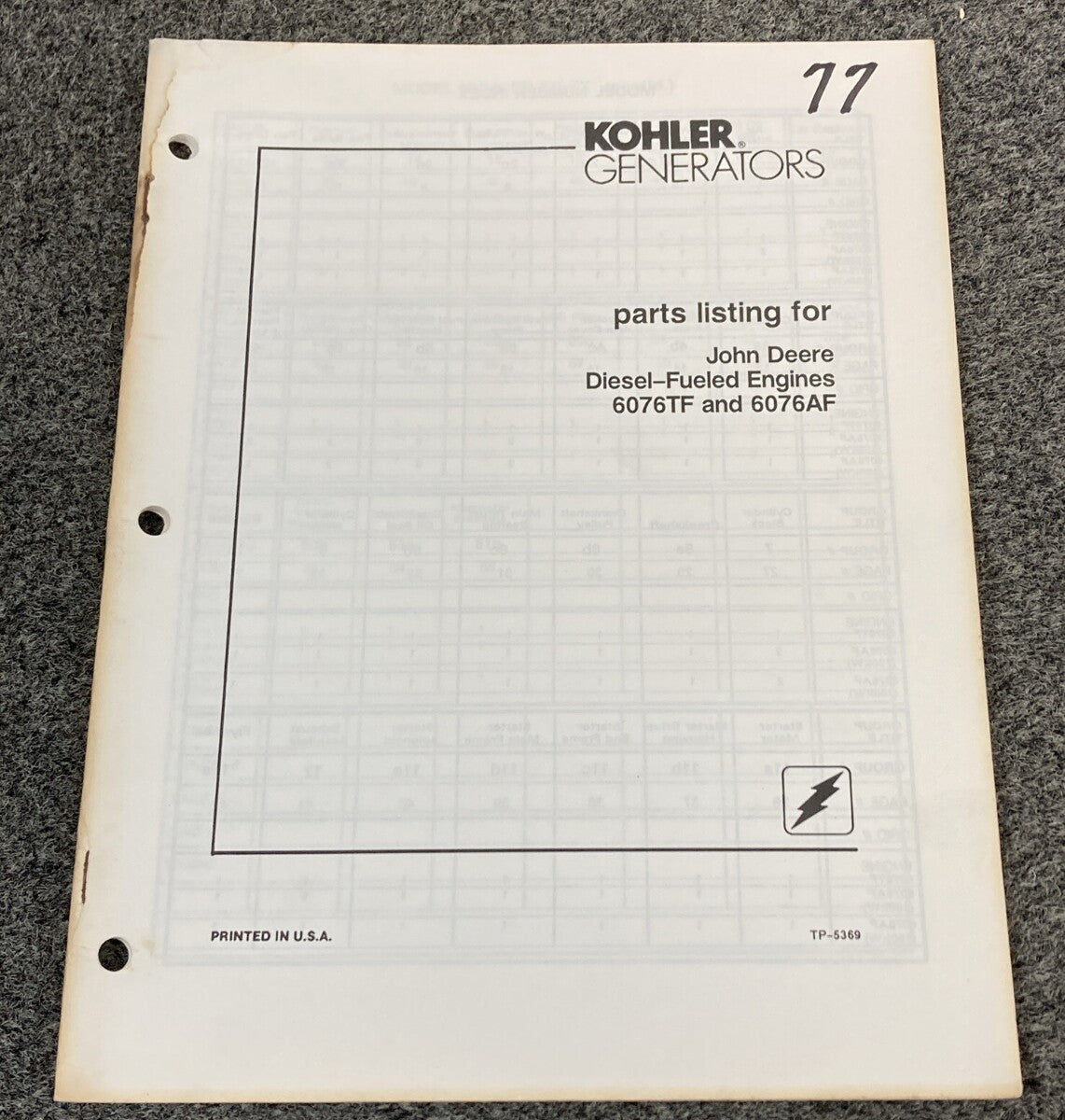 KOHLER GENERATORS PARTS LISTING/PARTS CATALOGS FOR JOHN DEERE