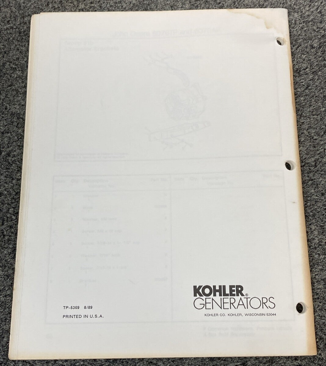 KOHLER GENERATORS PARTS LISTING/PARTS CATALOGS FOR JOHN DEERE