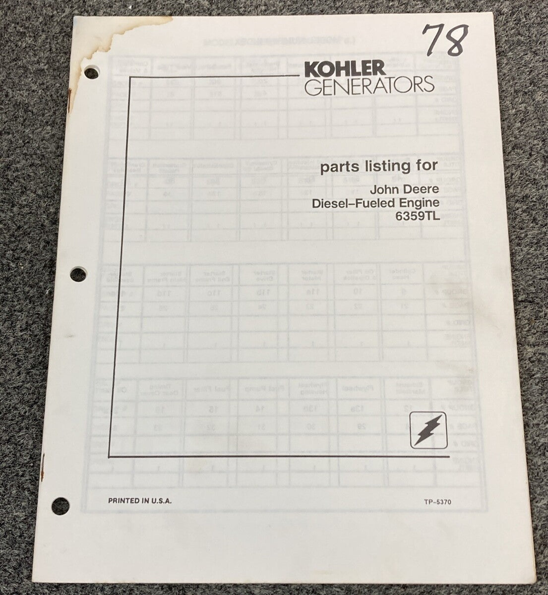 KOHLER GENERATORS PARTS LISTING/PARTS CATALOGS FOR JOHN DEERE