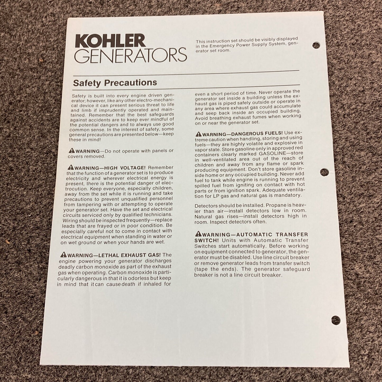 KOHLER TP-5353 FAST RESPONSE II GENERATORS SERVICE MANUAL