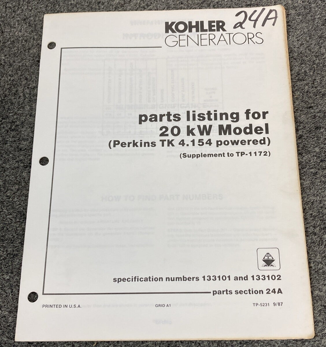 KOHLER GENERATORS TP-5229 TP-5231 TP-5253 SERVICE PARTS/PARTS LISTING MANUALS